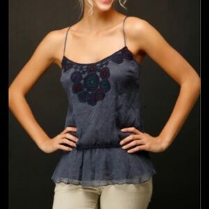 Free People Silk Embroidered Blue Camisole XS